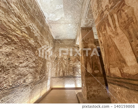 Interior decoration and statues in the Abu Simbel temple, a landmark in Nubia built by King Ramesses II, Egypt. Interior decoration and statues in the Abu Simbel temple, a landmark in Nubia built by King Ramesses II, Egypt. 140159808