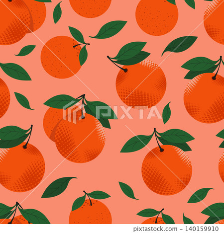 Seamless pattern featuring fresh oranges, leaves, and halftone dot details on a warm coral background. Refreshing citrus design perfect for textile prints, kitchen decor, stationery, and vibrant summe Seamless pattern featuring fresh oranges, leaves, and halftone dot details on a warm coral background. Refreshing citrus design perfect for textile prints, kitchen decor, stationery, and vibrant summe 140159910