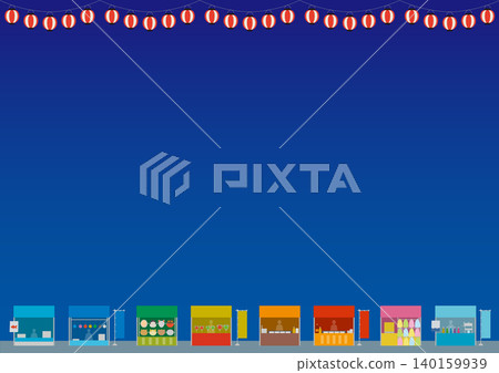 A framed illustration featuring festival-themed food stalls and lanterns, with a background. A framed illustration featuring festival-themed food stalls and lanterns, with a background. 140159939