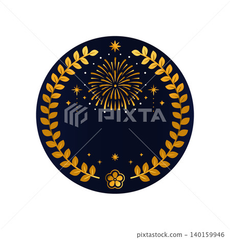 Gold laurel wreath and fireworks circular frame, navy background, celebratory vector material. Gold laurel wreath and fireworks circular frame, navy background, celebratory vector material. 140159946