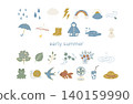 Rainy season, early summer, illustration, icon set, Scandinavian style, country. 140159990