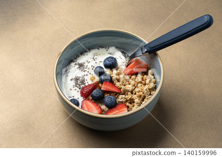 Healthy breakfast yogurt berries granola spoon Healthy breakfast yogurt berries granola spoon 140159996