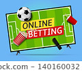 Online betting banner on smart television screen. Levitation smart tv, remote control, popcorn, soda cup and soccer ball. 140160032