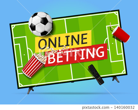 Online betting banner on smart television screen. Levitation smart tv, remote control, popcorn, soda cup and soccer ball. 140160032