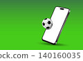 Mobile phone with a football ball flying out on a green background. Concept for soccer game app and soccer events. 140160035