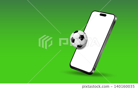 Mobile phone with a football ball flying out on a green background. Concept for soccer game app and soccer events. 140160035
