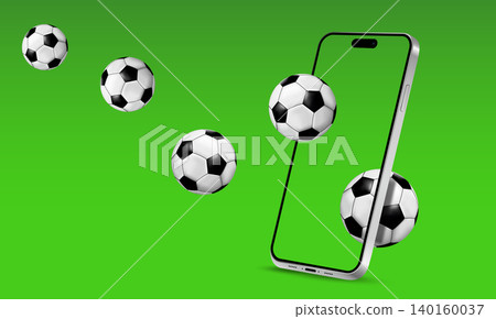 Soccer balls fly into a smartphone screen. Concept for soccer game app, for sports marketing and soccer events. 140160037