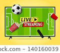 Live streaming online service. Soccer ball, remote control, popcorn and soda cup flies out of the smart tv screen. 140160039