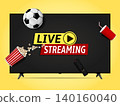 Live video streaming play button on smart tv screen. Soccer ball, remote control, popcorn and soda cup flies out of the flat television screen. 140160040