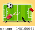 Soccer field on smart tv. Remote control, popcorn, soda cup and soccer ball flying out. 140160041