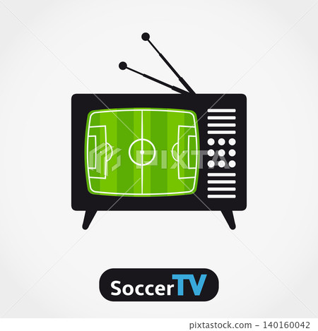 Soccer tv icon. Retro television with soccer field on screen. 140160042