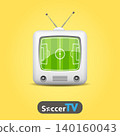 Soccer TV. Retro television broadcasting live soccer match, vintage TV screen icon. 140160043
