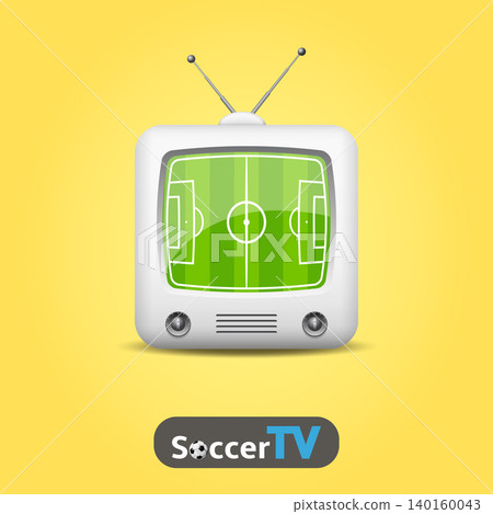 Soccer TV. Retro television broadcasting live soccer match, vintage TV screen icon. 140160043