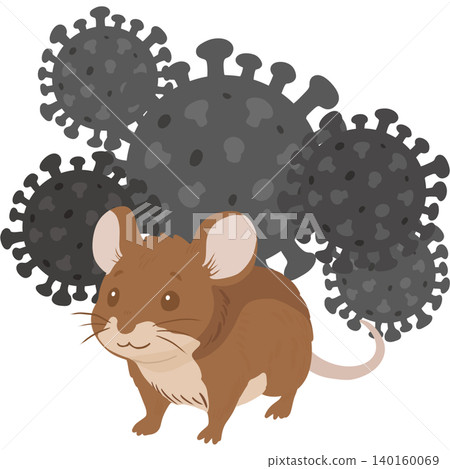 Educational illustration of a hantavirus concept featuring a brown rat inside a stylized virus shape. Educational illustration of a hantavirus concept featuring a brown rat inside a stylized virus shape. 140160069