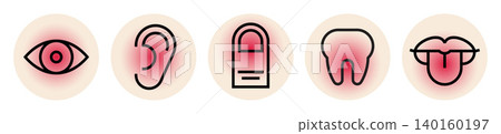 Illness icon set. Eye pain, ear pain, hand pain, toothache, coated tongue signs. Sickness, illness, disease symbols. Design elements for medicine packaging. Illness icon set. Eye pain, ear pain, hand pain, toothache, coated tongue signs. Sickness, illness, disease symbols. Design elements for medicine packaging. 140160197