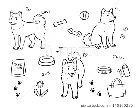 A collection of line art illustrations of Shiba Inu dogs, featuring various poses and hand-drawn images of pet supplies such as dog food. 140160250