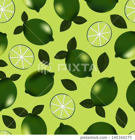 Seamless pattern featuring fresh whole limes, sliced lime pieces, and leaves on a light green background. Refreshing citrus design perfect for textile prints, kitchen decor, stationery, and food-relat Seamless pattern featuring fresh whole limes, sliced lime pieces, and leaves on a light green background. Refreshing citrus design perfect for textile prints, kitchen decor, stationery, and food-relat 140160275