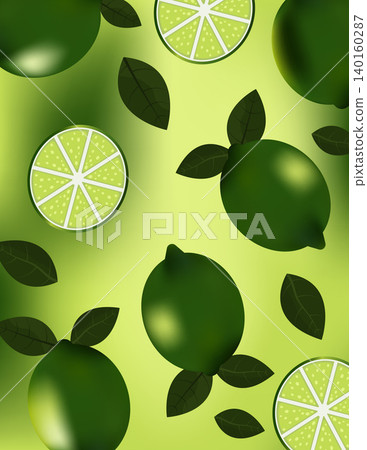 Graphic composition featuring fresh whole limes, sliced lime pieces, and leaves on a soft gradient green background. Bright citrus design perfect for food-related projects, posters, kitchen decor, and Graphic composition featuring fresh whole limes, sliced lime pieces, and leaves on a soft gradient green background. Bright citrus design perfect for food-related projects, posters, kitchen decor, and 140160287