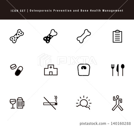 Icon set for osteoporosis prevention and bone health management Icon set for osteoporosis prevention and bone health management 140160288
