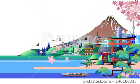 Vector illustrations of Mount Fuji and cherry blossoms, depicting famous Japanese landmarks and traditional scenery (copy space) Vector illustrations of Mount Fuji and cherry blossoms, depicting famous Japanese landmarks and traditional scenery (copy space) 140160333
