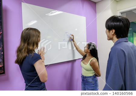 International university students using whiteboards for learning. International university students using whiteboards for learning. 140160566
