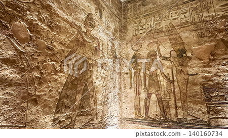 Interior decoration and statues in the Abu Simbel temple, a landmark in Nubia built by King Ramesses II, Egypt. Interior decoration and statues in the Abu Simbel temple, a landmark in Nubia built by King Ramesses II, Egypt. 140160734