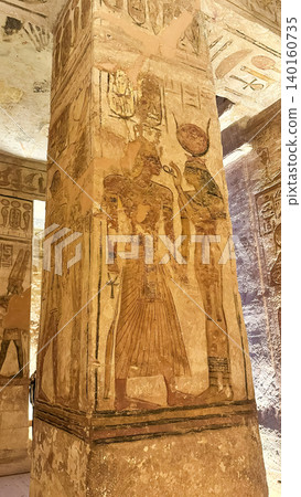 Interior decoration and statues in the Abu Simbel temple, a landmark in Nubia built by King Ramesses II, Egypt. Interior decoration and statues in the Abu Simbel temple, a landmark in Nubia built by King Ramesses II, Egypt. 140160735