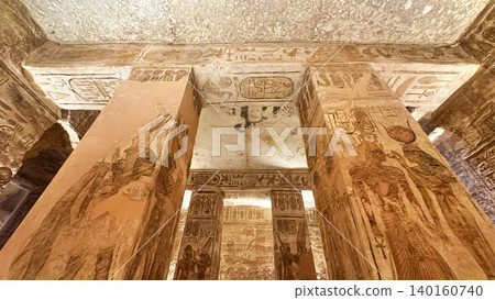 Interior decoration and statues in the Abu Simbel temple, a landmark in Nubia built by King Ramesses II, Egypt. 140160740