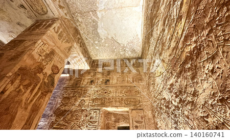 Interior decoration and statues in the Abu Simbel temple, a landmark in Nubia built by King Ramesses II, Egypt. Interior decoration and statues in the Abu Simbel temple, a landmark in Nubia built by King Ramesses II, Egypt. 140160741