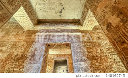 Interior decoration and statues in the Abu Simbel temple, a landmark in Nubia built by King Ramesses II, Egypt. Interior decoration and statues in the Abu Simbel temple, a landmark in Nubia built by King Ramesses II, Egypt. 140160745