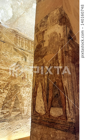 Interior decoration and statues in the Abu Simbel temple, a landmark in Nubia built by King Ramesses II, Egypt. Interior decoration and statues in the Abu Simbel temple, a landmark in Nubia built by King Ramesses II, Egypt. 140160748