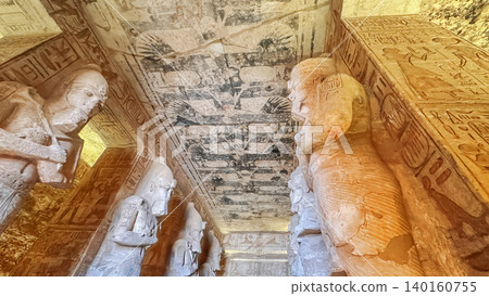 Interior decoration and statues in the Abu Simbel temple, a landmark in Nubia built by King Ramesses II, Egypt. 140160755