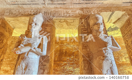 Interior decoration and statues in the Abu Simbel temple, a landmark in Nubia built by King Ramesses II, Egypt. Interior decoration and statues in the Abu Simbel temple, a landmark in Nubia built by King Ramesses II, Egypt. 140160758