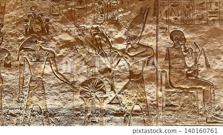 Interior decoration and statues in the Abu Simbel temple, a landmark in Nubia built by King Ramesses II, Egypt. Interior decoration and statues in the Abu Simbel temple, a landmark in Nubia built by King Ramesses II, Egypt. 140160761