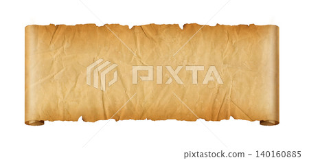 Old crumpled mediaeval Parchment paper scroll isolated on white Old crumpled mediaeval Parchment paper scroll isolated on white 140160885