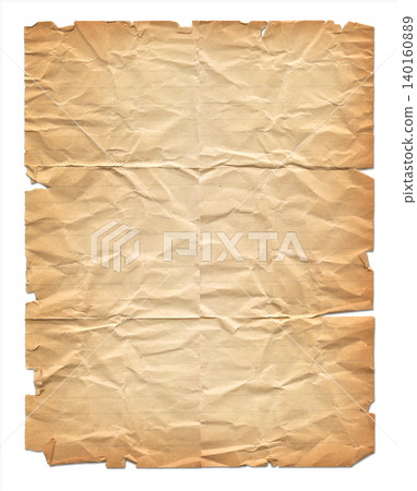 Heavily brown wrinkled paper sheet isolated on white Heavily brown wrinkled paper sheet isolated on white 140160889