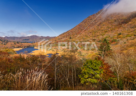 從赤城山鳥居峠眺望駒岳和角滿淵/大沼湖的秋葉。 從赤城山鳥居峠眺望駒岳和角滿淵/大沼湖的秋葉。 140161308
