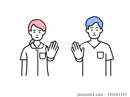 Male and female nurses making a stop gesture Male and female nurses making a stop gesture 140161347