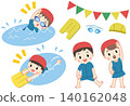 一組描繪兒童在泳池游泳的插圖。 140162048