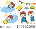 一組描繪兒童在泳池游泳的插圖。 140162056