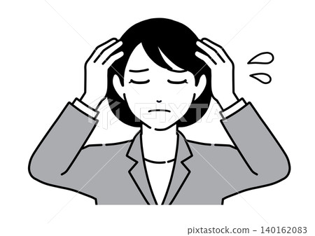 A monochrome illustration of a young woman in a suit holding her head in distress. 140162083