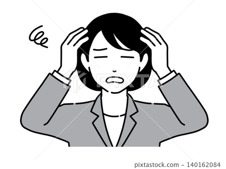 A monochrome illustration of a young woman in a suit holding her head in worry. A monochrome illustration of a young woman in a suit holding her head in worry. 140162084