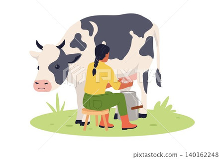 Woman Farmer Milking Dairy Cow on Farmland Woman Farmer Milking Dairy Cow on Farmland 140162248