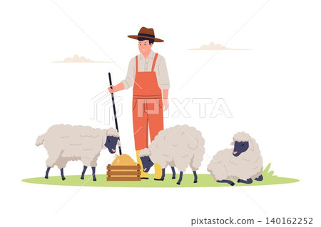 Illustration of Shepherd Feeding Flock of Sheep in Meadow Illustration of Shepherd Feeding Flock of Sheep in Meadow 140162252