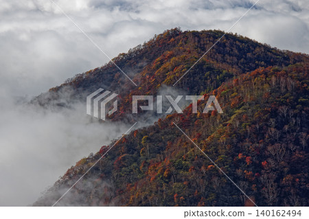 A sea of clouds viewed from the ridge of Mt. Akagi and Mt. Komagatake in the vibrant autumn colors. A sea of clouds viewed from the ridge of Mt. Akagi and Mt. Komagatake in the vibrant autumn colors. 140162494