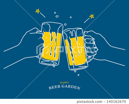 一手拿著啤酒杯碰杯的線條藝術插圖（向量圖） 140162670