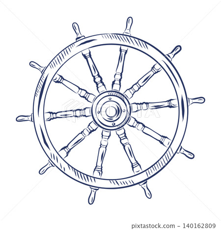 An illustration of a ships steering wheel. All hand-drawn in ink. This illustration depicts an antique ships steering wheel for a nautical-themed design, a sea travel concept, or a navigational. An illustration of a ships steering wheel. All hand-drawn in ink. This illustration depicts an antique ships steering wheel for a nautical-themed design, a sea travel concept, or a navigational. 140162809