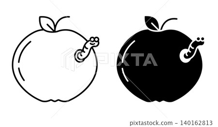 Linear icon. Funny pest worm peeks out from a wormy apple. Simple black and white vector isolated on white background Linear icon. Funny pest worm peeks out from a wormy apple. Simple black and white vector isolated on white background 140162813