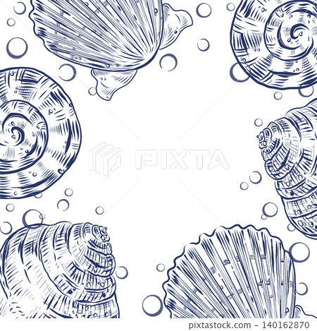 A frame of seashells with an air bubble. All objects are hand-drawn in ink, depicting elements of marine life. Nautical graphic design for the background of a summer greeting card, wedding invitations A frame of seashells with an air bubble. All objects are hand-drawn in ink, depicting elements of marine life. Nautical graphic design for the background of a summer greeting card, wedding invitations 140162870