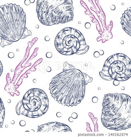 A seamless pattern with hand-drawn scallop and nautilus shells and coral. A marine graphic background with marine life elements. Illustration for textile, wallpaper, stationery, and paper design. A seamless pattern with hand-drawn scallop and nautilus shells and coral. A marine graphic background with marine life elements. Illustration for textile, wallpaper, stationery, and paper design. 140162874